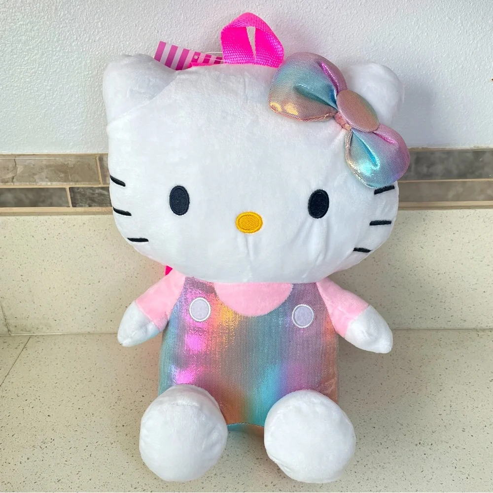 Sanrio‎ Hello Kitty Plush Backpack Rainbow Metallic Iridescent Bow Pink Straps